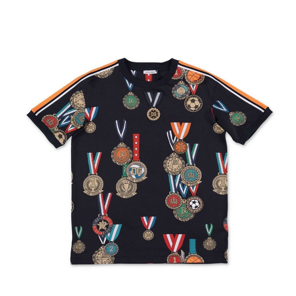 Dolce & Gabbana Jr Medal Print Back To School Kids T-Shirt - Dark Blue
